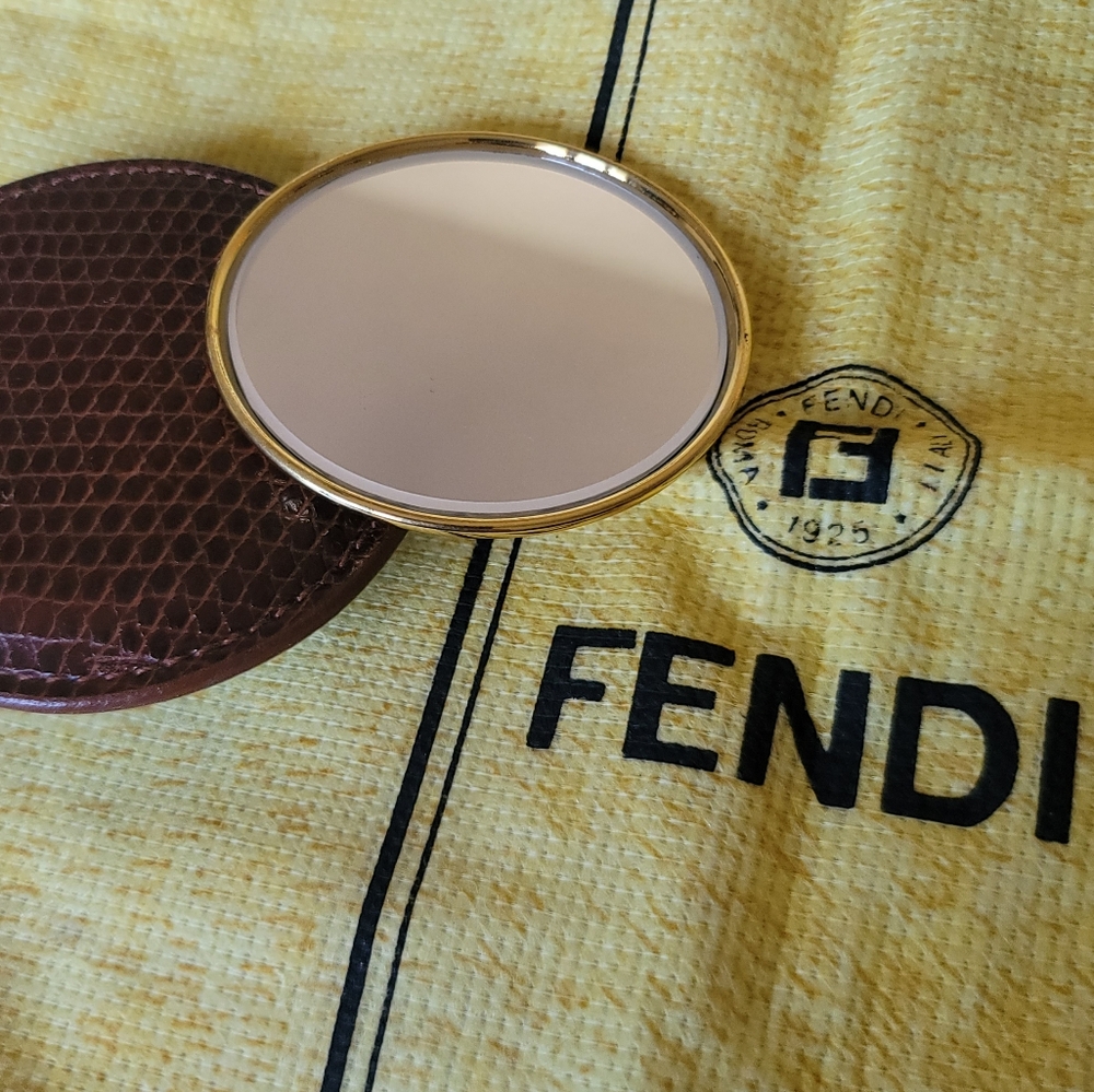 RARE Vintage Fendi pocket purse mirror brown leather pouch gold logo